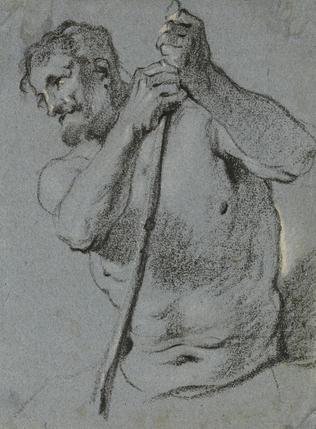 Lucas FRANCHOYS THE YOUNGER - A Half-Length Study of a Male Nude Holding a Staff | MasterArt